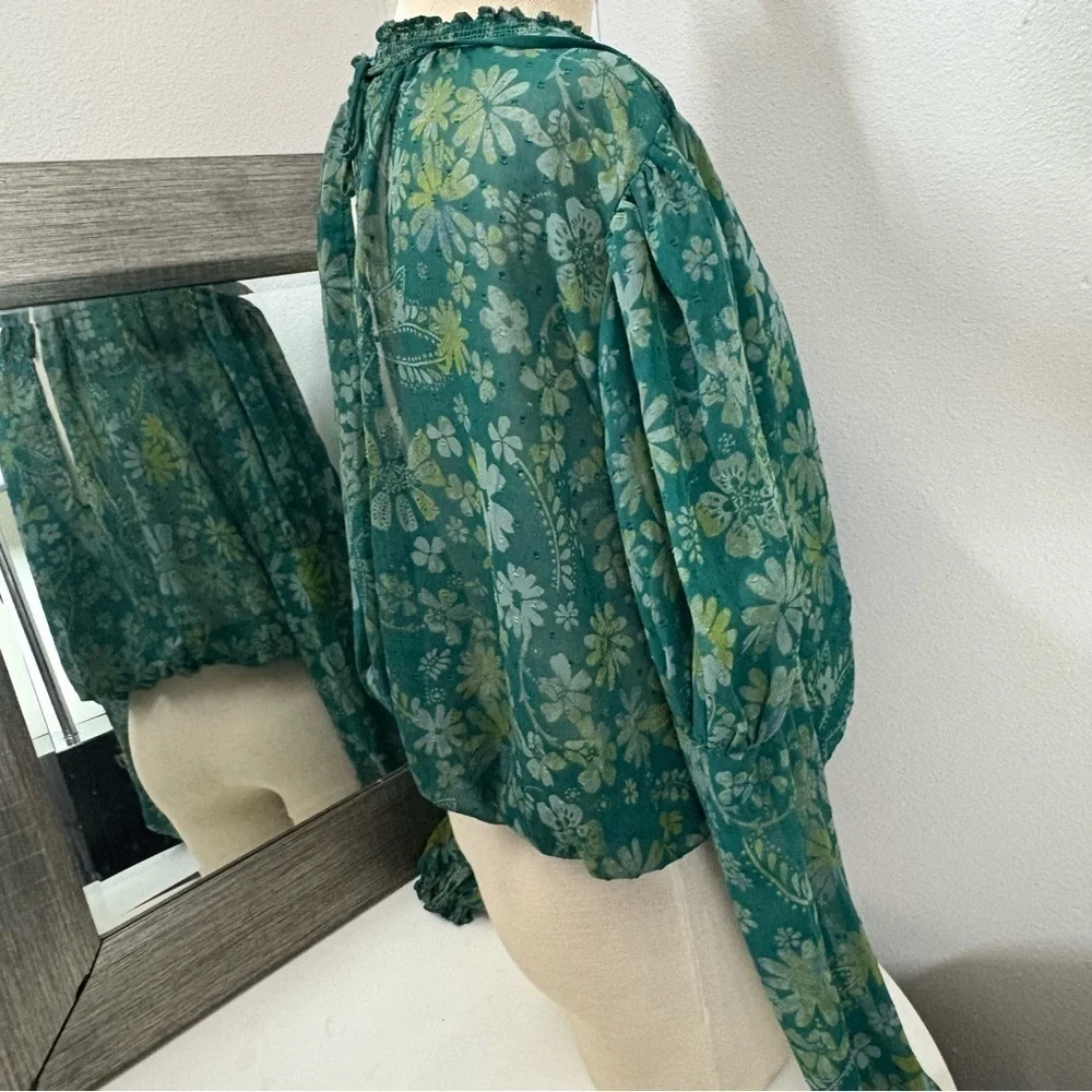 Free People Green Puff Sleeve Ruffled Blouse